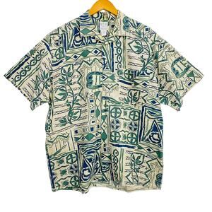 BTB Hawaiian Shirt Men's Large Tan Green Tropical Short Sleeve Button Up Linen